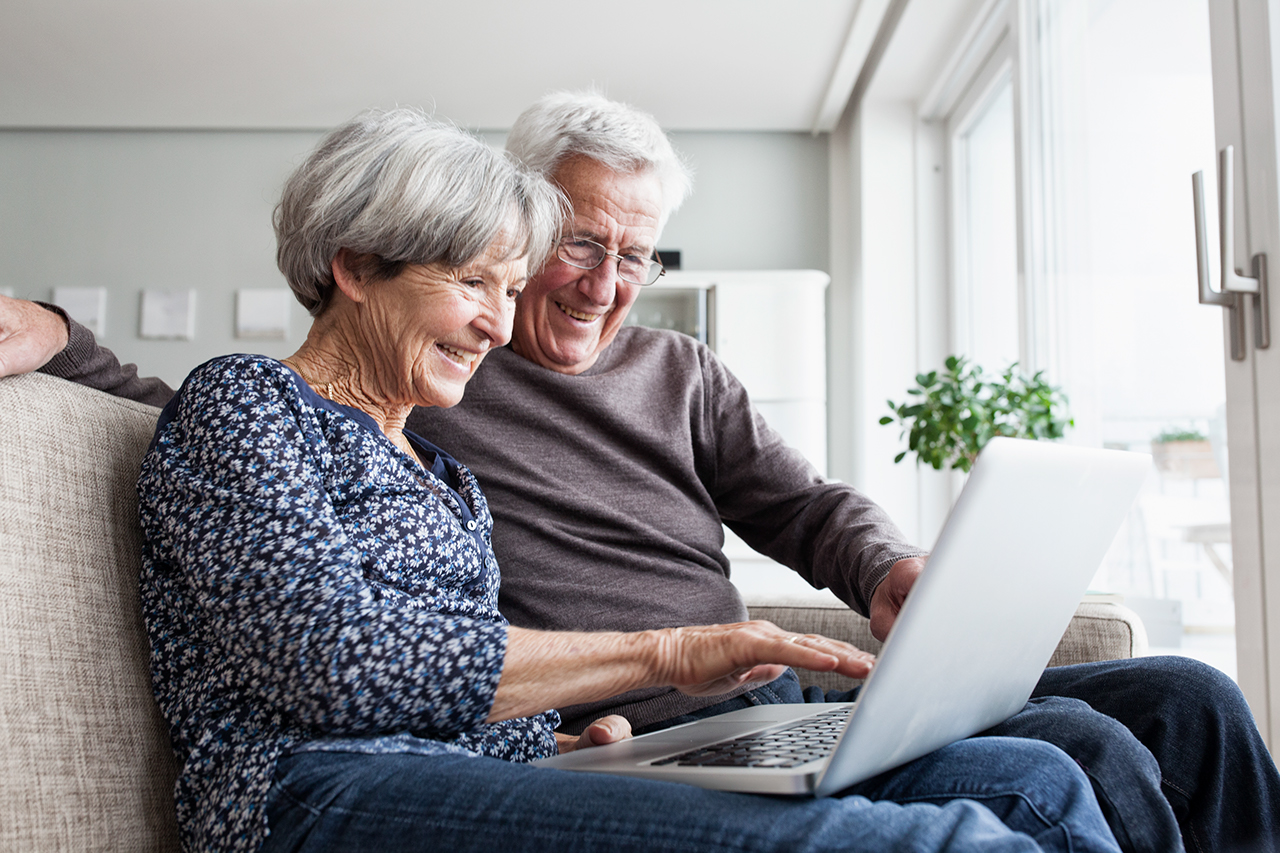 Happy senior couple looking at computer